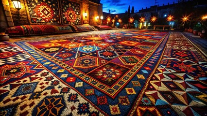 Intricate geometric Anatolian rugs under a night sky, vibrant colors, and Turkish design.
