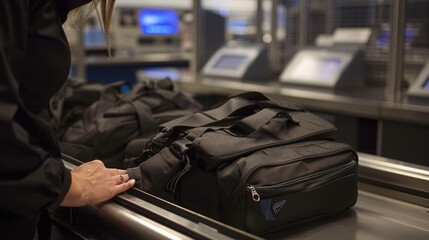 Close-up of traveler placing bag on conveyor belt at airport security checkpoint, showcasing meticulous security process with focus on bag and conveyor belt.