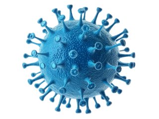 3D shiny blue virus featuring a spherical surface with textured spikes, illustrating a detailed microscopic organism or pathogen. Isolated on transparent background, PNG