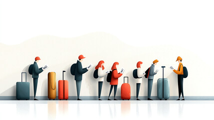 Obraz premium Travelers waiting in line at boarding gate with luggage and devices