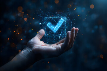 Hand Holding Digital Checkmark Icon with Futuristic Glow