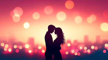 Romantic couple embracing in front of vibrant cityscape at sunset