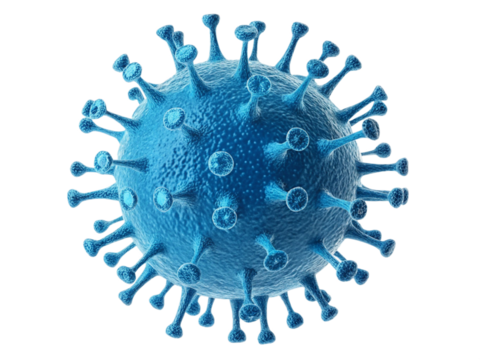3D shiny blue virus featuring a spherical surface with textured spikes, illustrating a detailed microscopic organism or pathogen. Isolated on transparent background, PNG