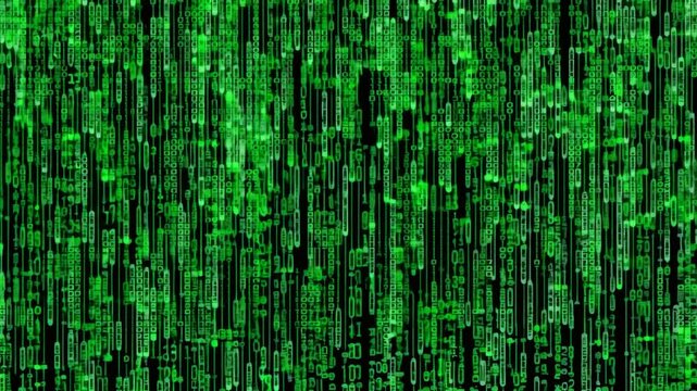Matrix code, digital rain background, The falling green characters in vertical lines on computer screen