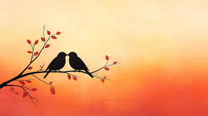 Silhouette of lovebirds kissing on branch at sunset, creating romance