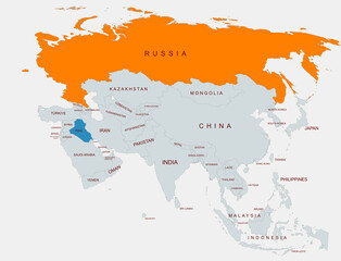 Fototapeta premium A detailed illustration of Asia showing country borders with Russia highlighted and iraq,emphasizing regional geographical differentiation