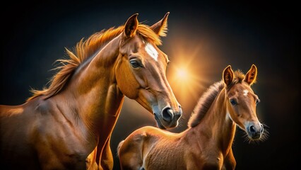 Majestic Foal and Mare Close-up, Brown Horse Portrait