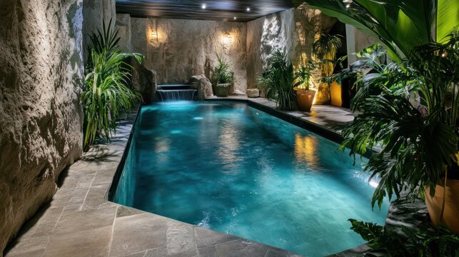 A serene indoor pool with natural stone walls, floor lighting, and lush plants for a spa-like experience