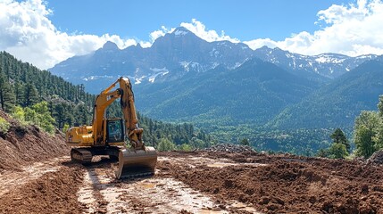 Obraz premium An excavator sits on a muddy construction site with snow-capped mountains and trees in the background.