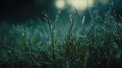 A close-up view of dew-covered grass blades glistening in the soft light, creating a serene and tranquil atmosphere.