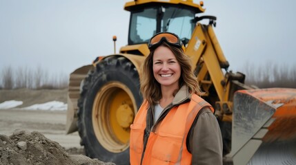 Woman in Safety Gear Smiling at Construction Site with Excavator in Background, Outdoor Work Environment