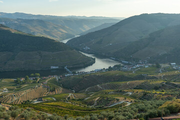 Douro Valley and Douro River Meander at Sunset. Green Hills and Mountains. Portugal