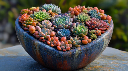 A heart-shaped planter overflowing with a vibrant collection of succulents, showcasing a diverse array of colors and textures, set against a softly blurred natural backdrop.