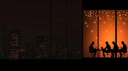Fototapeta premium Night city view, team meeting, illuminated office.