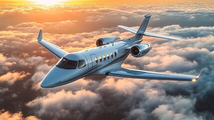 Private jet flying above clouds at sunset.