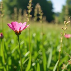 A delicate pink flower blooming amidst tall grass, foliage, blossom