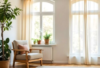 A cozy living room with a wooden armchair and a potted plant near large windows with sheer curtains , letting in natural light