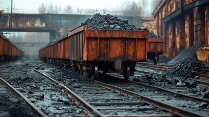 Obraz premium Coal freight train transporting coal in open wagons.