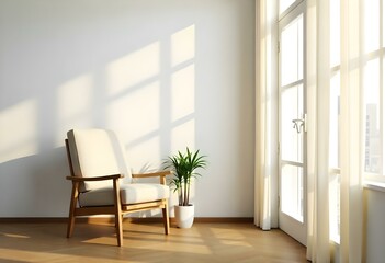 Fototapeta premium A cozy living room with a wooden armchair and a potted plant near large windows with sheer curtains , letting in natural light