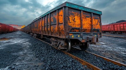 Fototapeta premium Rusty Train Cars Parked on Railroad Tracks.