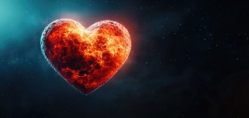 Obraz premium Fiery valentine heart floating in cosmic space celestial art dramatic environment digital illustration romantic concept