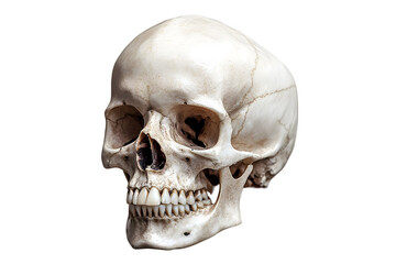 Realistic human skull isolated on a transparent background. ideal for Halloween, medical studies, and anatomy reference.