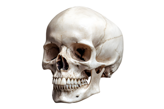 Realistic human skull isolated on a transparent background. ideal for Halloween, medical studies, and anatomy reference.