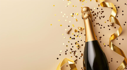 Champagne Bottle with Confetti and Ribbon
