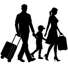 Family carrying luggage silhouette illustration on white background