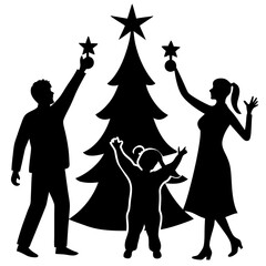 Family celebrating Christmas silhouette illustration isolated on white