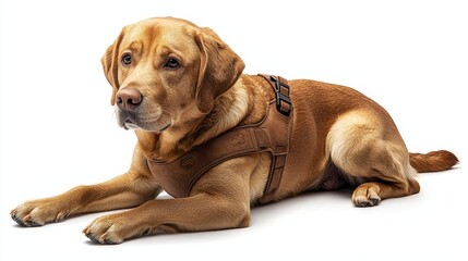 Loyal Labrador retriever resting in a harness
