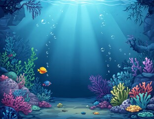 Naklejka premium Underwater scene with vibrant coral reef, colorful fish, and sunbeams.