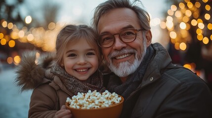 Happy grandfather and granddaughter sharing popcorn outdoors at night.