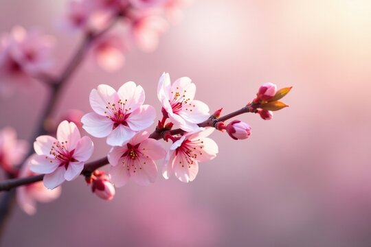 Delicate branch with pale pink flowers swaying gently in spring breeze, gentle, warm