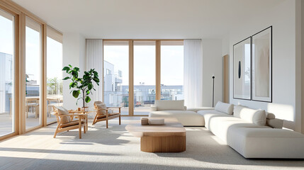 Helles skandinavisches Wohnzimmer mit gem&uuml;tlicher Einrichtung und Tageslicht