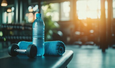 A gym scene featuring a water bottle, towel, and dumbbell on a bench.