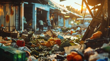 Chaotic market scene with overturned stalls, scattered fruits and vegetables, and people running in panic. Disarray and urgency in crowded marketplace.
