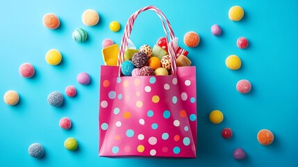 Candy and Candy Bags with Pink Polka Dot Bag Full of Candies Against Turquoise Blue Background.
