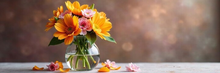 Fototapeta premium Fresh flower arrangement in a glass vase with soft lighting and warm colors, flowers, vase, petals