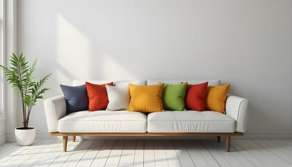 Obraz premium A modern white sofa with orange and teal throw pillows, set against a plain white wall with natural light streaming in