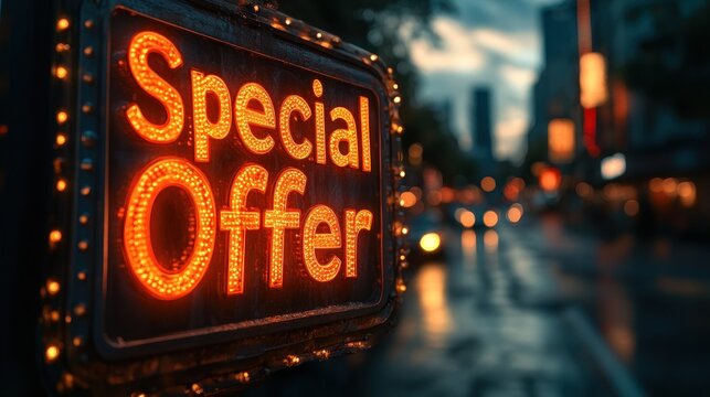Illuminated sign displaying "Special Offer" on a city street at dusk.