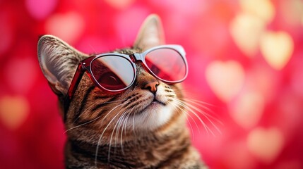 Naklejka premium A cat wearing sunglasses is looking at something with its ears perked up.