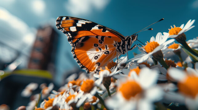 A vivid orange butterfly on a daisy cluster, contrasting nature with a blurred urban background under a blue sky.
