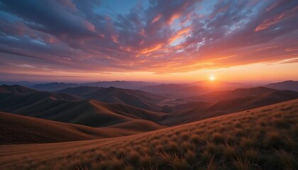Naklejka premium Majestic Sunset Over Rolling Mountain Ranges