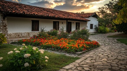 Colorful Flower Beds in Front of Historical Building