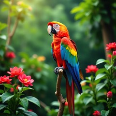 Fototapeta premium Macaw perched on a colorful branch in a lush garden filled with flowers, greenery, parrot, plant