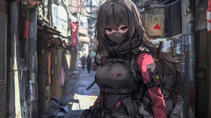 An agile anime girl in a modern, tactical ninja outfit, navigating a stealth mission through the shadowy alleys of a bustling cityscape