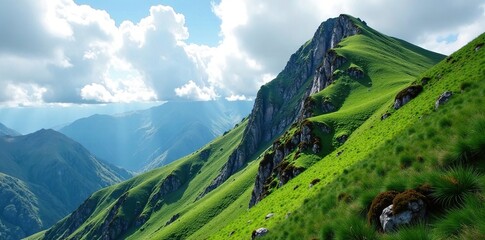 Rugged mountain slope covered in lush greenery under cloudy skies, terrain, rugged