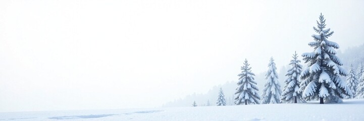 Fototapeta premium Snowflakes gently falling on a white background with a few snow-covered trees, frozen world, , white background