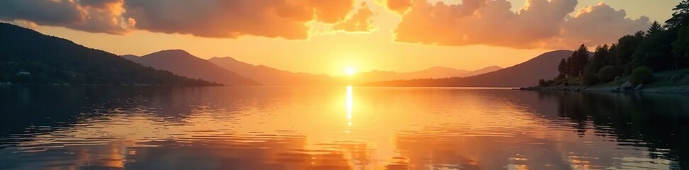 Obraz premium Soft golden light on the lake's surface as sunset approaches, lake, sunrise, approach
